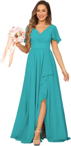 Women's V Neck Chiffon Bridesmaid Dresses with Pockets Pleated Aline Formal Evening Dresses with Slit 2025 DE164