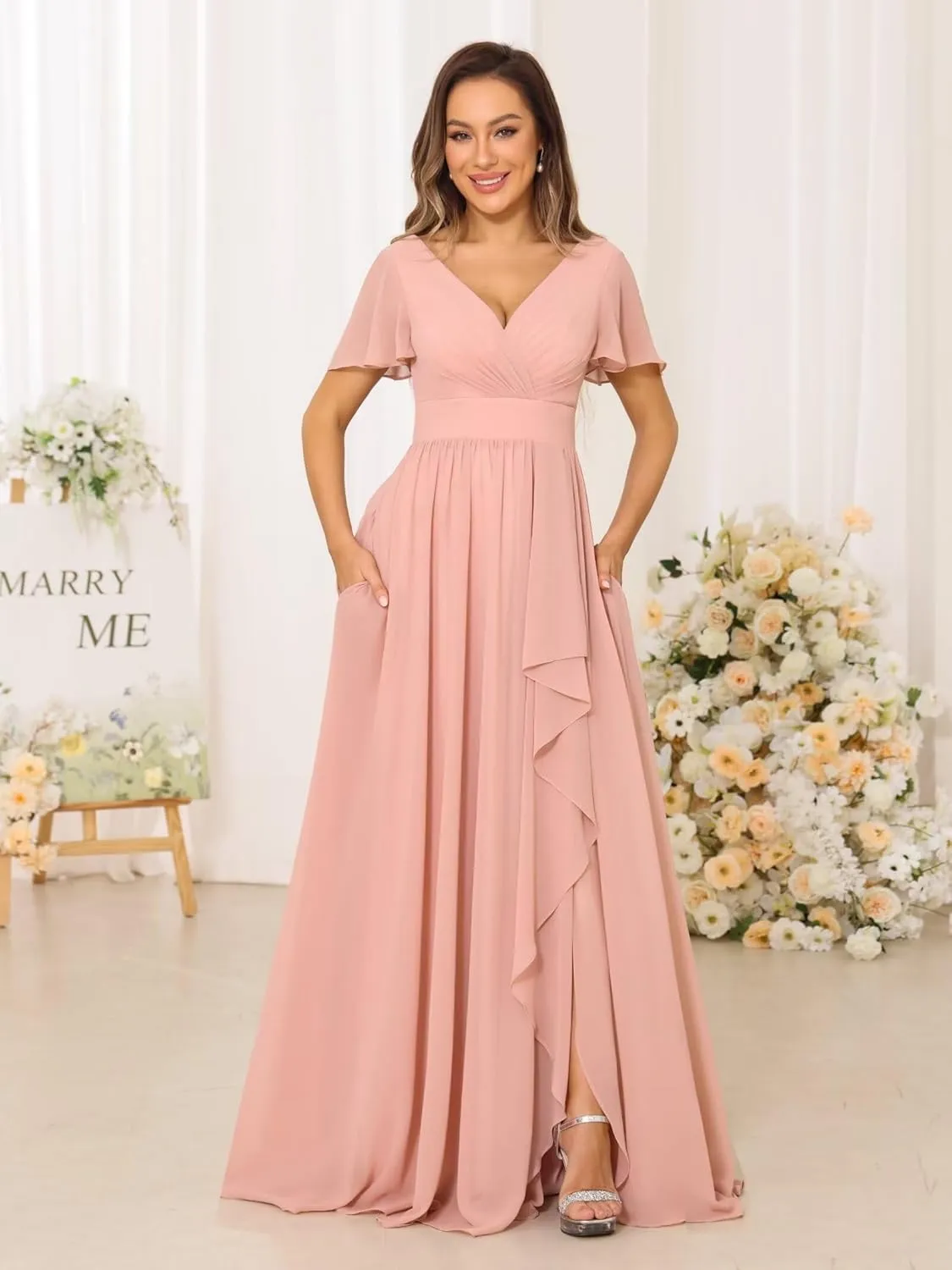 Women's V Neck Chiffon Bridesmaid Dresses with Pockets Pleated Aline Formal Evening Dresses with Slit 2025 DE164