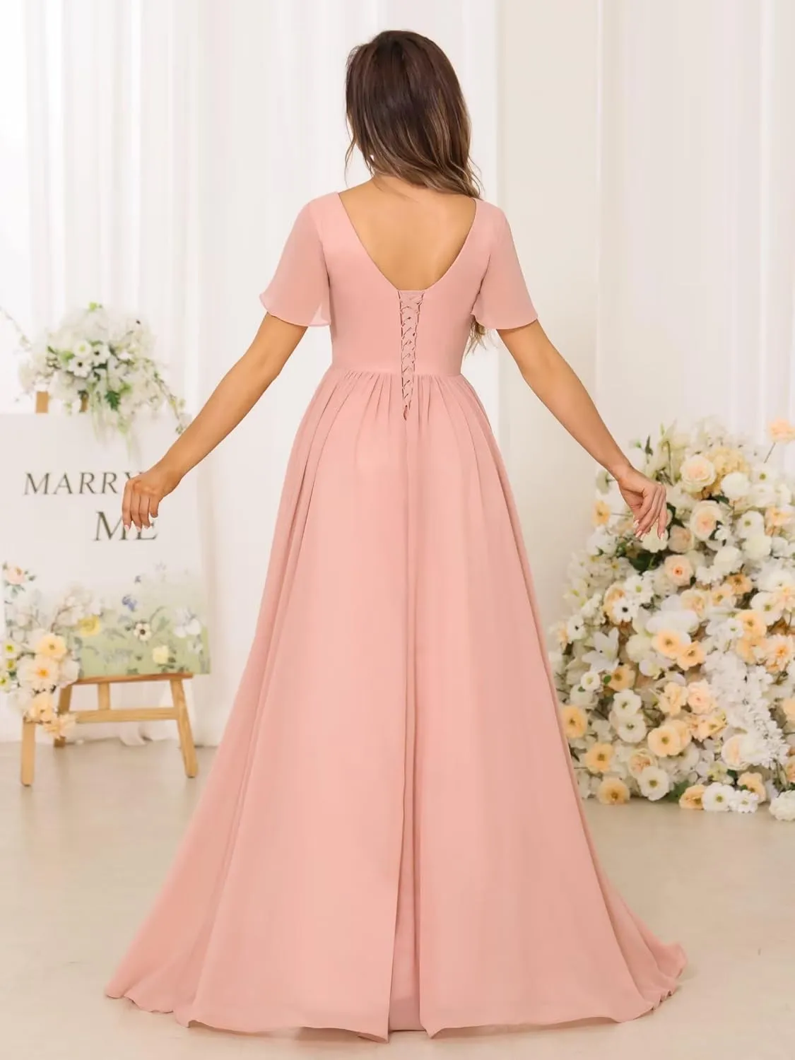 Women's V Neck Chiffon Bridesmaid Dresses with Pockets Pleated Aline Formal Evening Dresses with Slit 2025 DE164