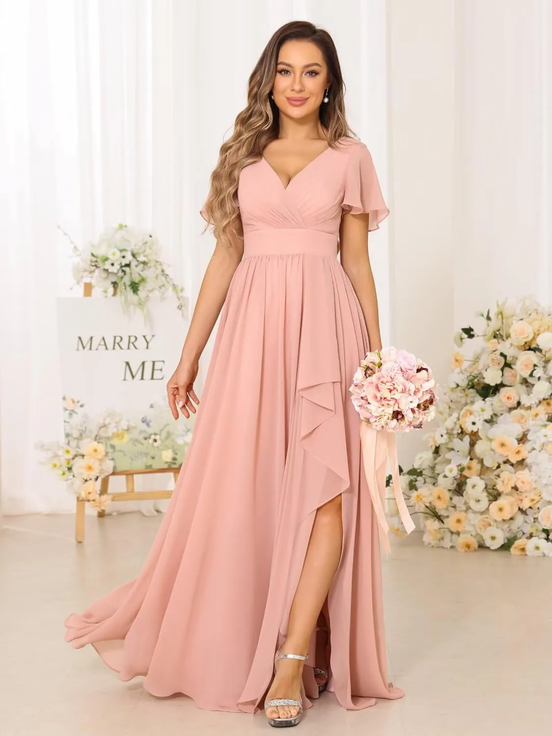 Women's V Neck Chiffon Bridesmaid Dresses with Pockets Pleated Aline Formal Evening Dresses with Slit 2025 DE164
