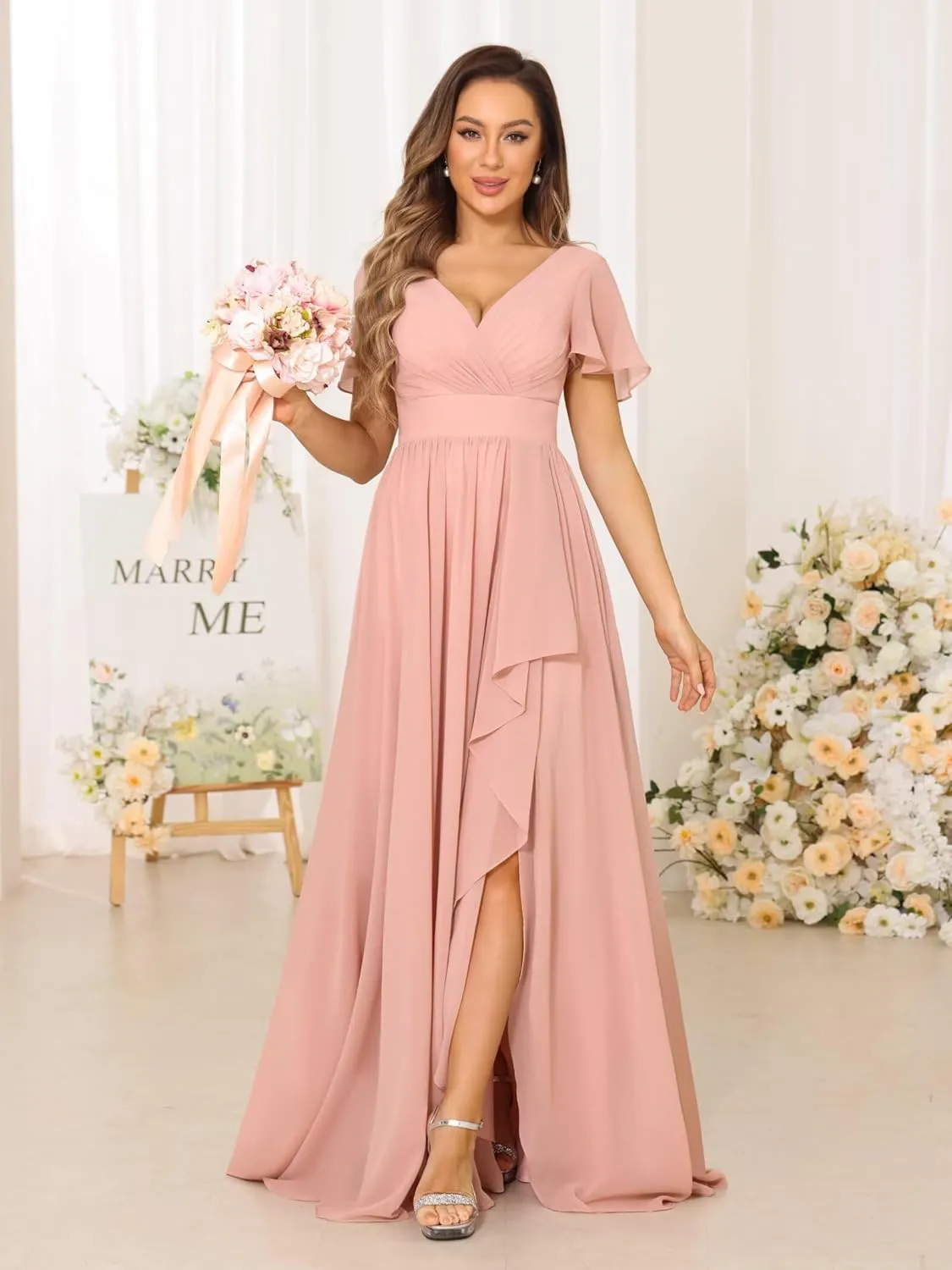 Women's V Neck Chiffon Bridesmaid Dresses with Pockets Pleated Aline Formal Evening Dresses with Slit 2025 DE164