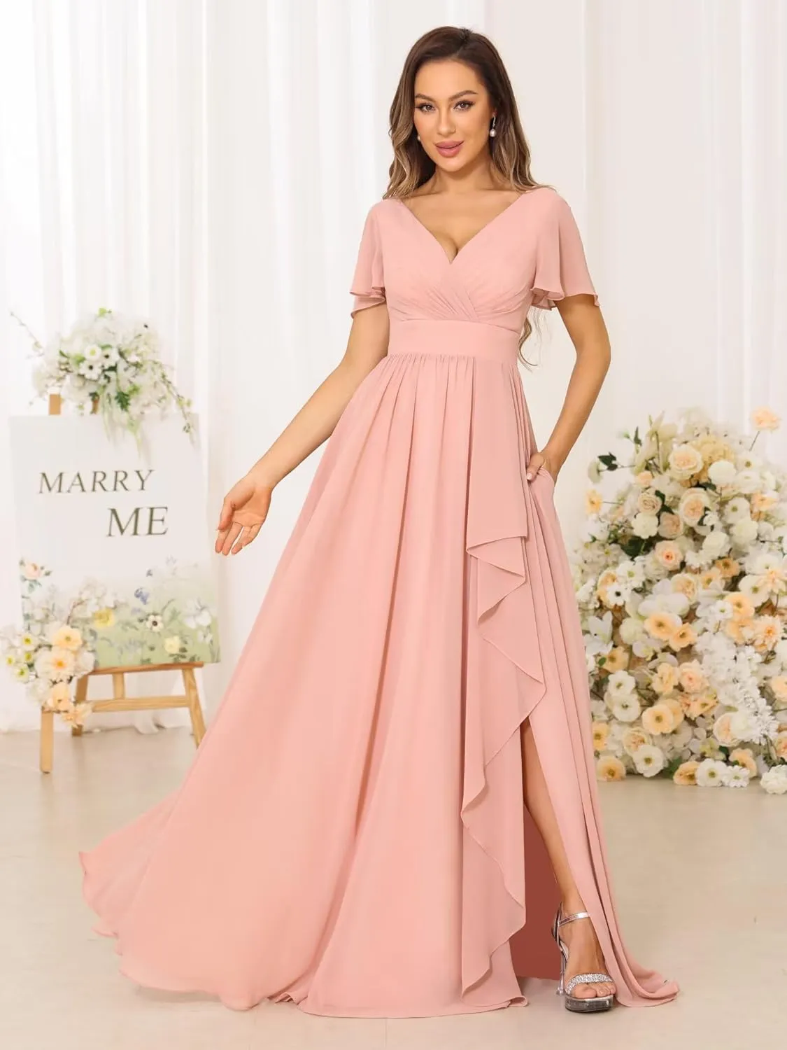 Women's V Neck Chiffon Bridesmaid Dresses with Pockets Pleated Aline Formal Evening Dresses with Slit 2025 DE164