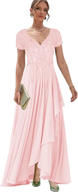 Women's V Neck Lace Mother of The Bride Dress with Sleeves Chiffon Ruffles Long Evening Formal Gown for Wedding