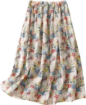 Xiaojmake Flowy Bohemian Skirt for Women Midi Length Elastic High Waist Ruffle A-Line Beach Skirt with Pockets 2024 Trendy