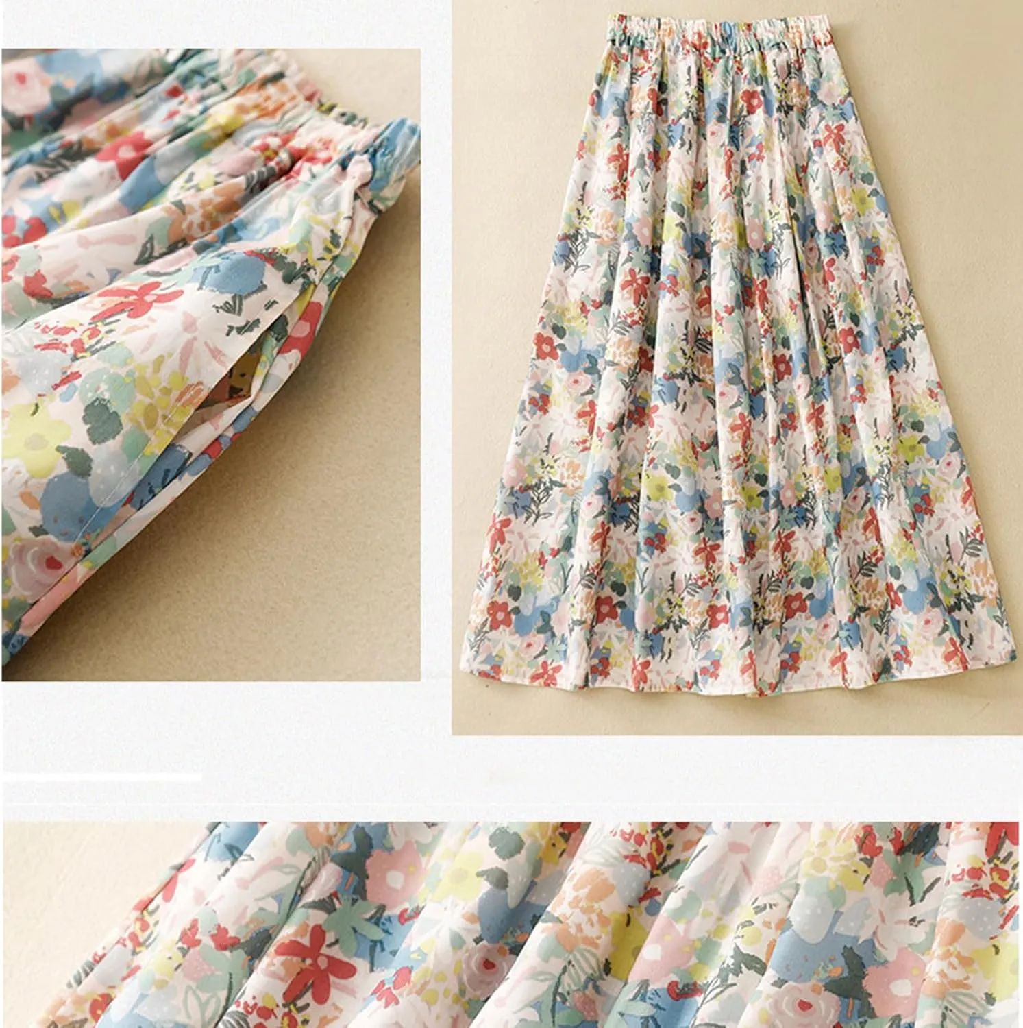 Xiaojmake Flowy Bohemian Skirt for Women Midi Length Elastic High Waist Ruffle A-Line Beach Skirt with Pockets 2024 Trendy