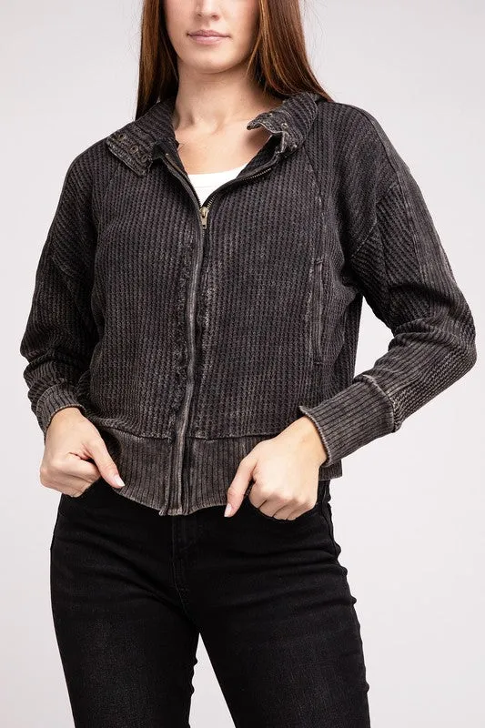 Zenana Acid Washed Cotton Waffle Woven Zip Up Hooded Jacket