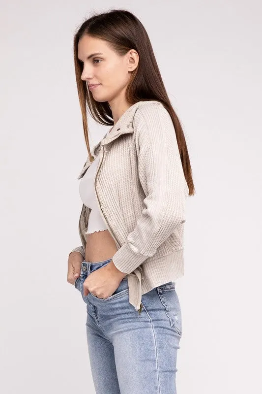 Zenana Acid Washed Cotton Waffle Woven Zip Up Hooded Jacket
