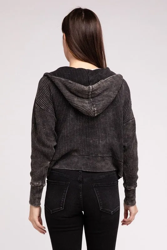 Zenana Acid Washed Cotton Waffle Woven Zip Up Hooded Jacket