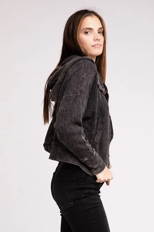 Zenana Acid Washed Cotton Waffle Woven Zip Up Hooded Jacket