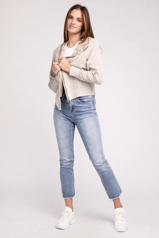 Zenana Acid Washed Cotton Waffle Woven Zip Up Hooded Jacket