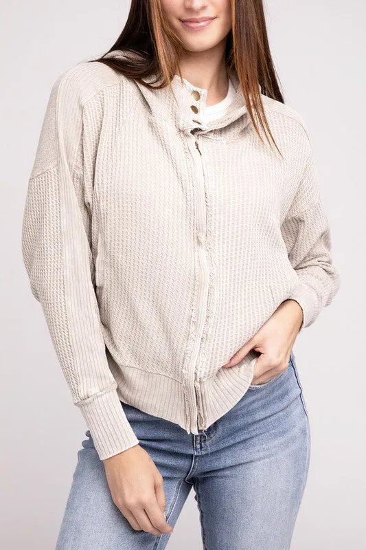Zenana Acid Washed Cotton Waffle Woven Zip Up Hooded Jacket