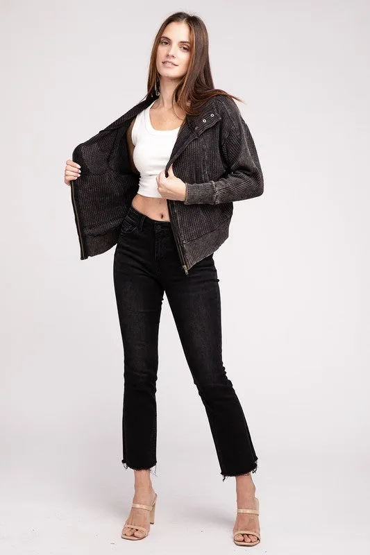 Zenana Acid Washed Cotton Waffle Woven Zip Up Hooded Jacket