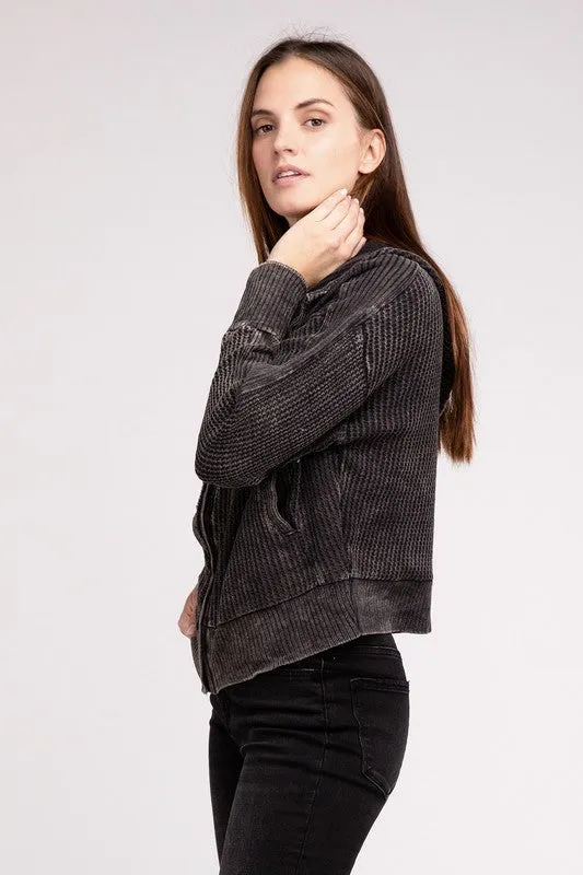 Zenana Acid Washed Cotton Waffle Woven Zip Up Hooded Jacket
