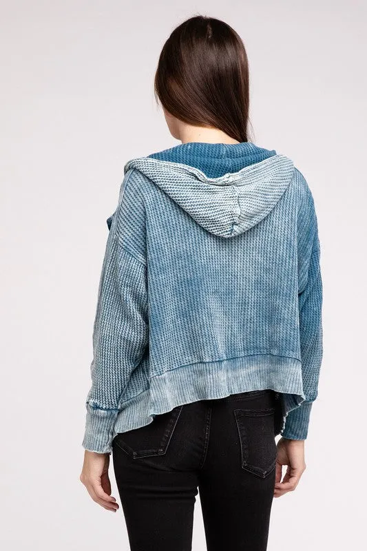 Zenana Acid Washed Cotton Waffle Woven Zip Up Hooded Jacket