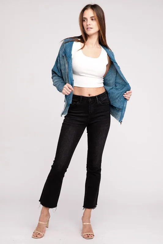 Zenana Acid Washed Cotton Waffle Woven Zip Up Hooded Jacket