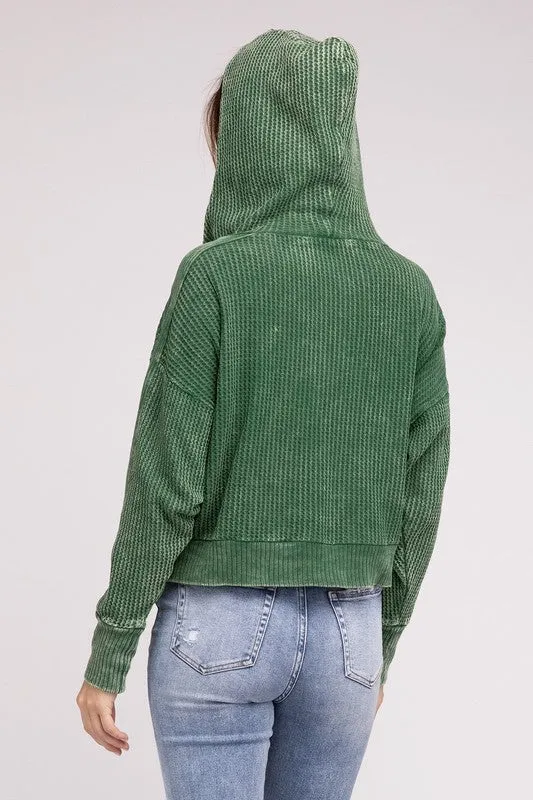 Zenana Acid Washed Cotton Waffle Woven Zip Up Hooded Jacket