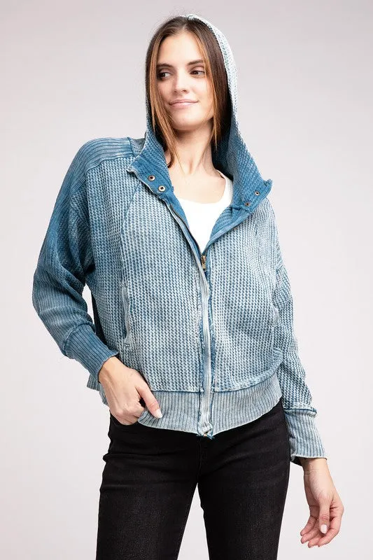 Zenana Acid Washed Cotton Waffle Woven Zip Up Hooded Jacket