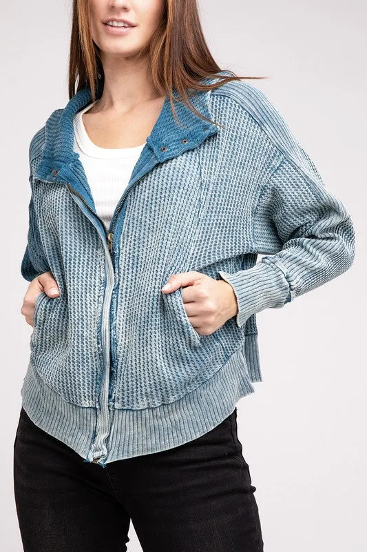 Zenana Acid Washed Cotton Waffle Woven Zip Up Hooded Jacket