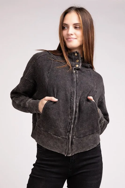 Zenana Acid Washed Cotton Waffle Woven Zip Up Hooded Jacket