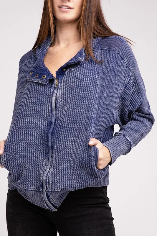 Zenana Acid Washed Cotton Waffle Woven Zip Up Hooded Jacket