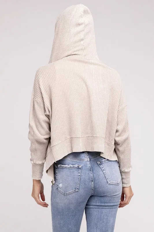 Zenana Acid Washed Cotton Waffle Woven Zip Up Hooded Jacket