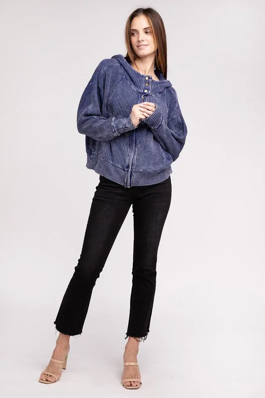 Zenana Acid Washed Cotton Waffle Woven Zip Up Hooded Jacket