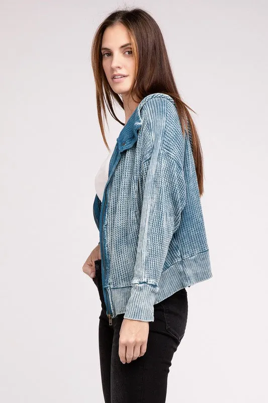 Zenana Acid Washed Cotton Waffle Woven Zip Up Hooded Jacket