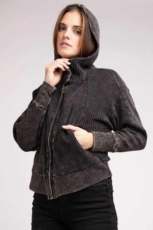 Zenana Acid Washed Cotton Waffle Woven Zip Up Hooded Jacket