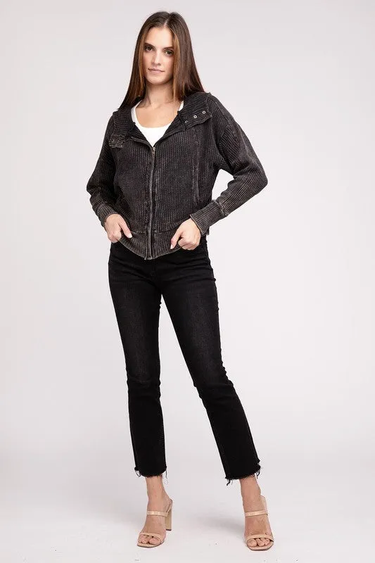 Zenana Acid Washed Cotton Waffle Woven Zip Up Hooded Jacket