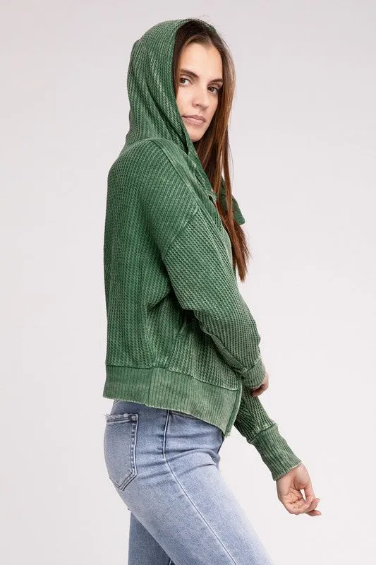 Zenana Acid Washed Cotton Waffle Woven Zip Up Hooded Jacket