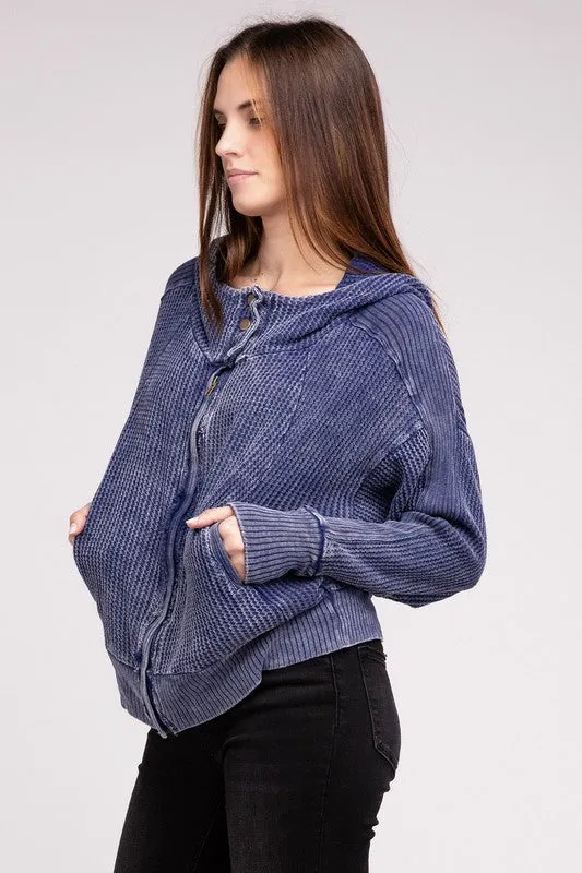 Zenana Acid Washed Cotton Waffle Woven Zip Up Hooded Jacket