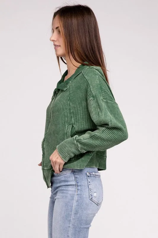 Zenana Acid Washed Cotton Waffle Woven Zip Up Hooded Jacket
