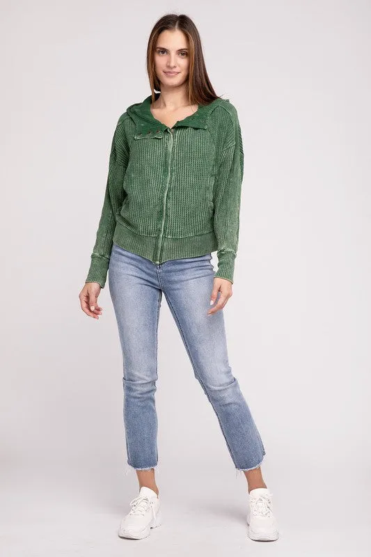 Zenana Acid Washed Cotton Waffle Woven Zip Up Hooded Jacket