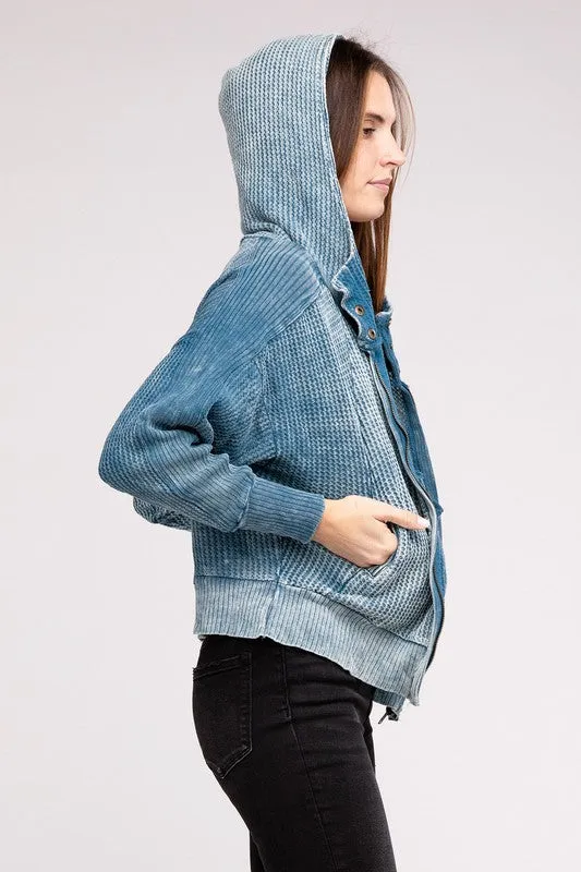 Zenana Acid Washed Cotton Waffle Woven Zip Up Hooded Jacket