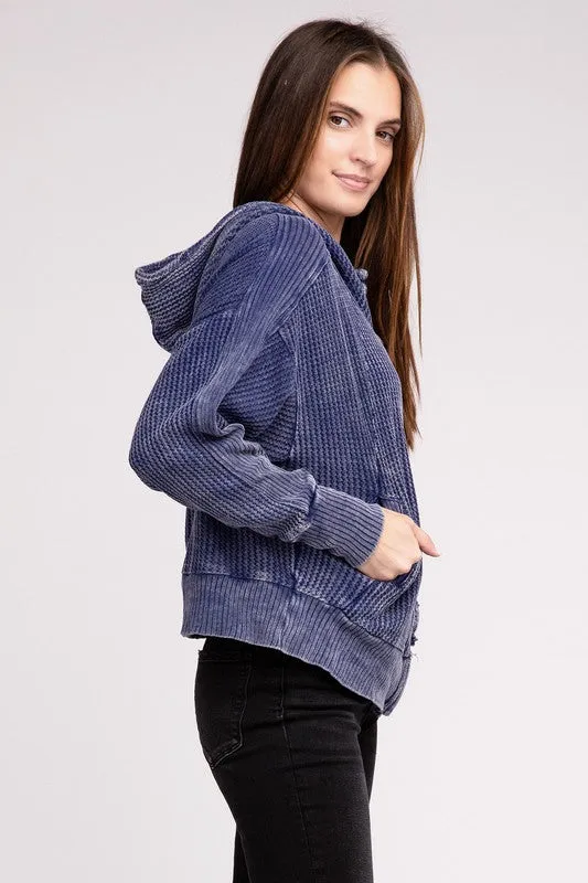 Zenana Acid Washed Cotton Waffle Woven Zip Up Hooded Jacket