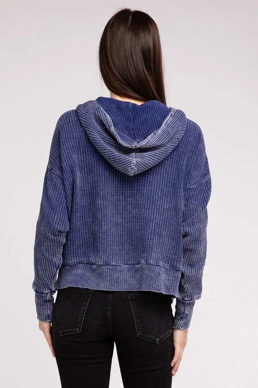 Zenana Acid Washed Cotton Waffle Woven Zip Up Hooded Jacket